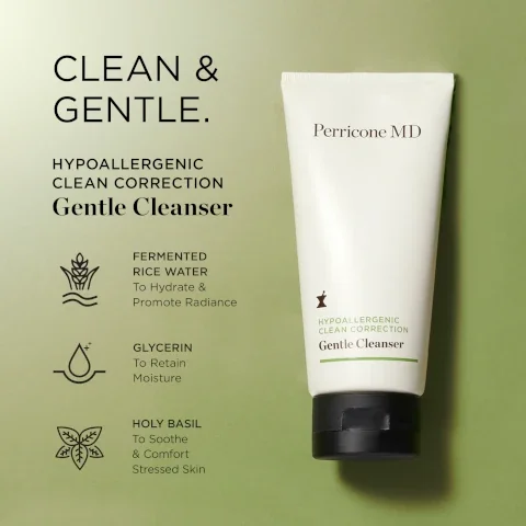 clean and gentle. hypoallergenic clean correction gentle cleanser. fermented rice water to hydrate and promote radiance. glycerin to retain. holy basil to soothe and comfort stressed skin.